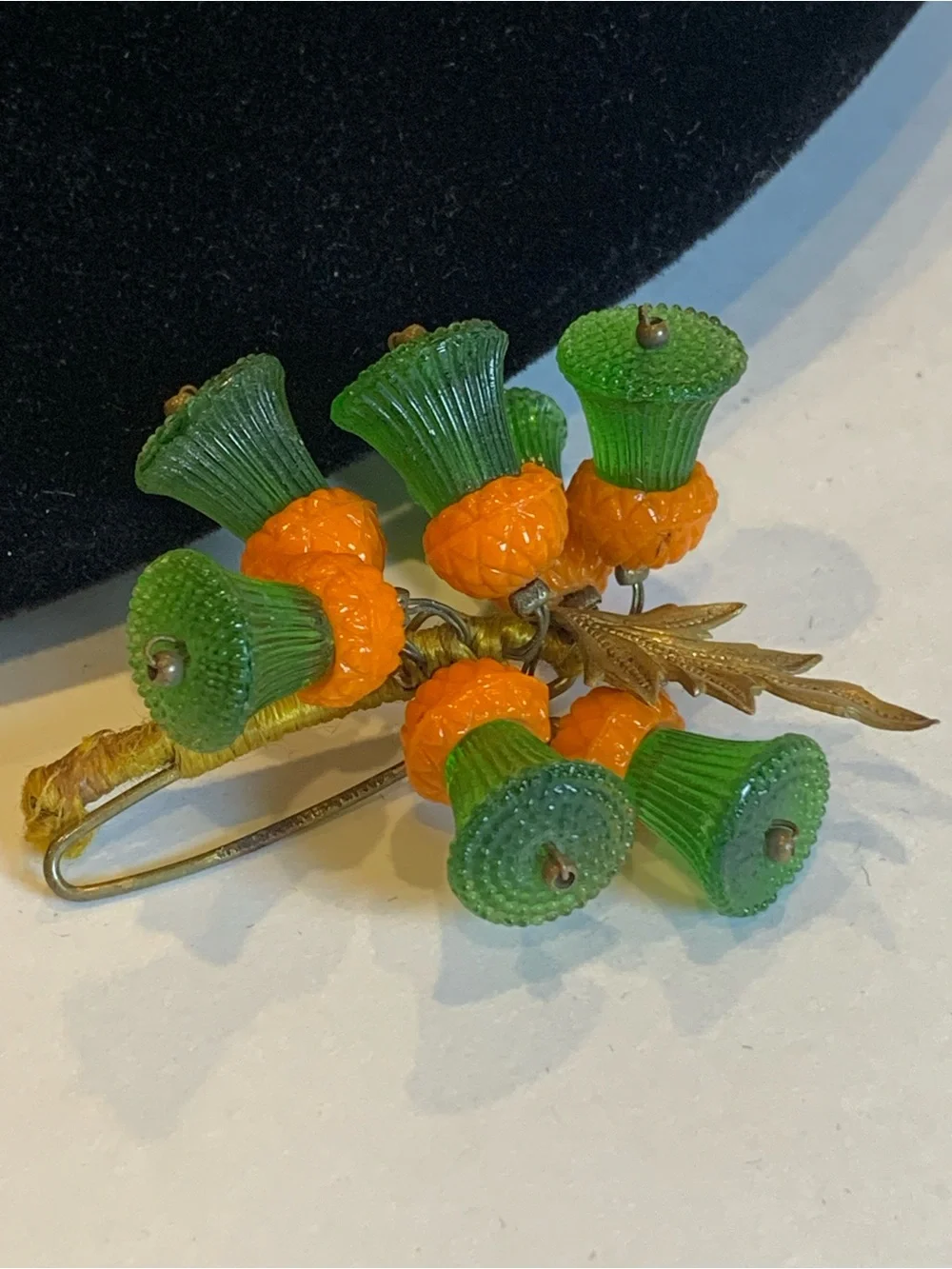 Vintage Czech Glass Flower Bouquet Brooch Orange Green Silk Wrapped Stem